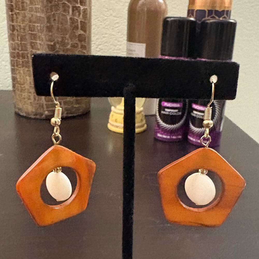 Geometric Orange and White Shell & Bead Dangle Earrings
